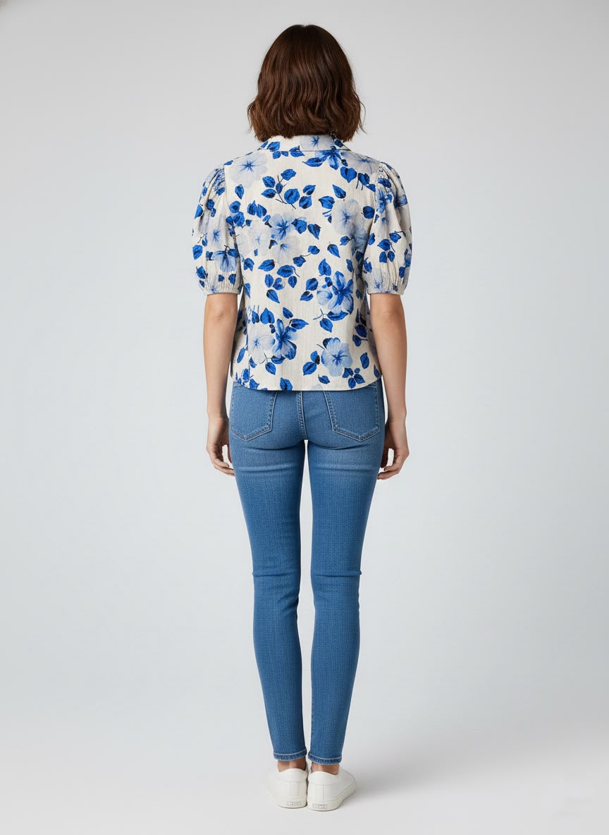 Taraya Blue Blossom Vintage Collar Top