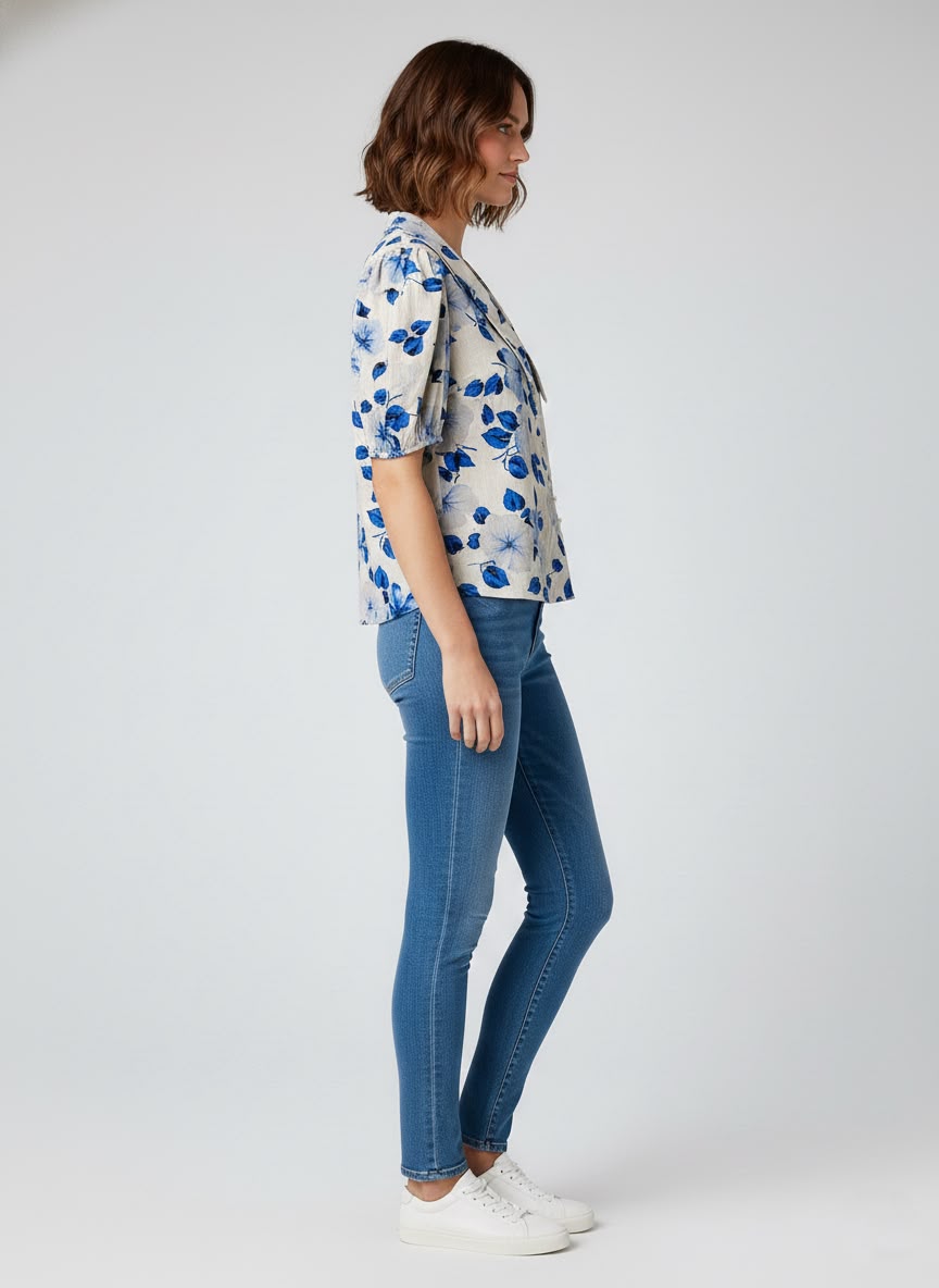 Taraya Blue Blossom Vintage Collar Top