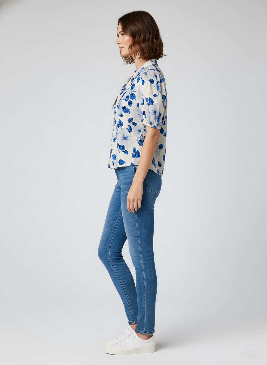 Taraya Blue Blossom Vintage Collar Top
