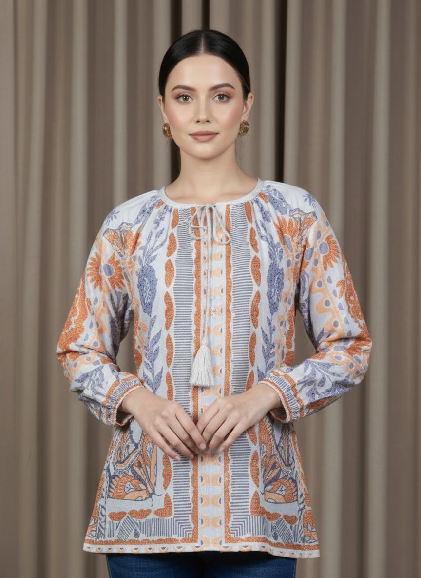 Elegant Blue & Rust Boho Top