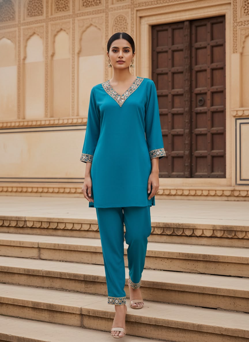 Royal Teal Mirror Work Co-rd Set