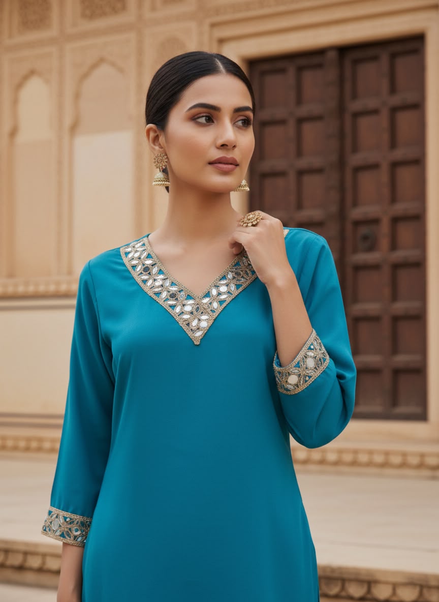 Royal Teal Mirror Work Co-rd Set