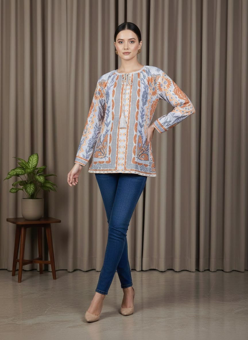 Elegant Blue & Rust Boho Top