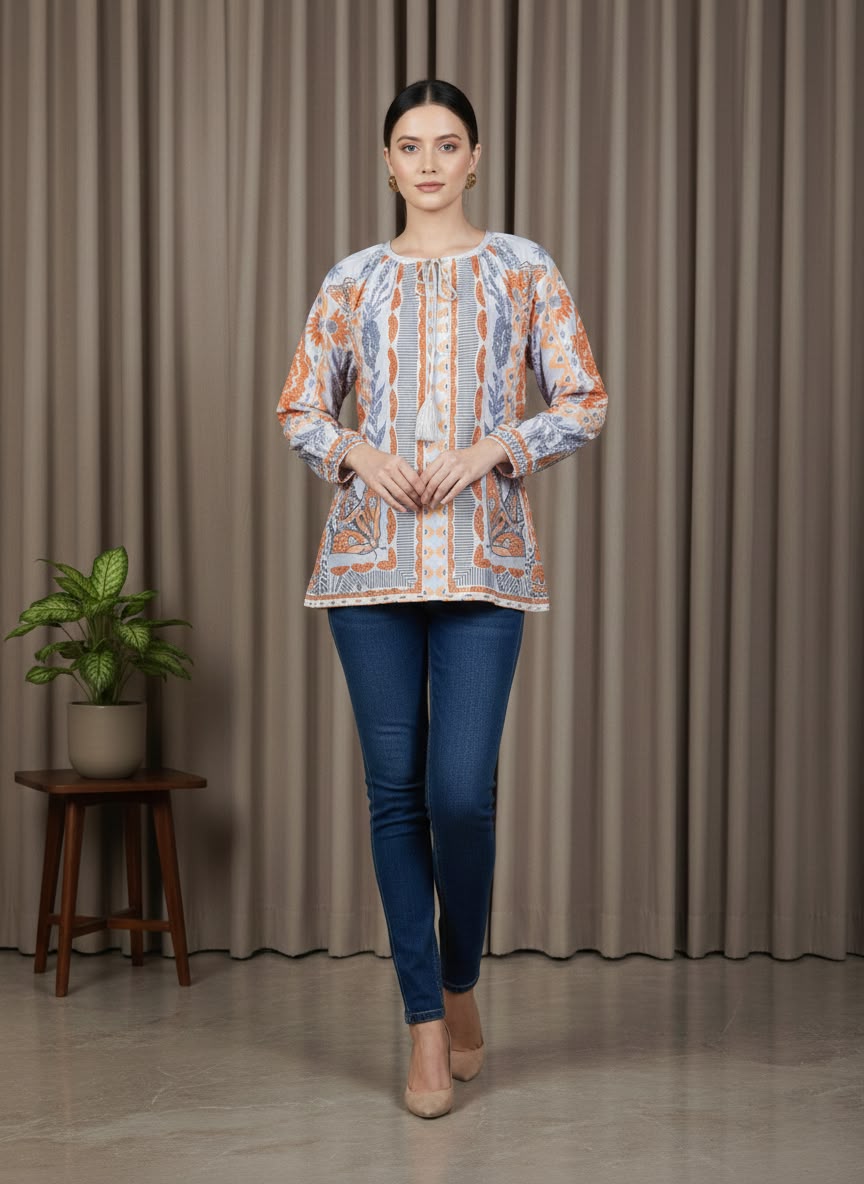 Elegant Blue & Rust Boho Top