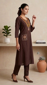 Tayara Earthy Brown Embroidered  Kurta set