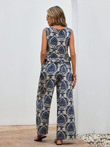 Royal Blue Motif Crop Top & Pant Set
