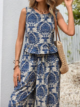 Royal Blue Motif Crop Top & Pant Set