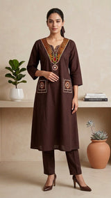 Tayara Earthy Brown Embroidered  Kurta set