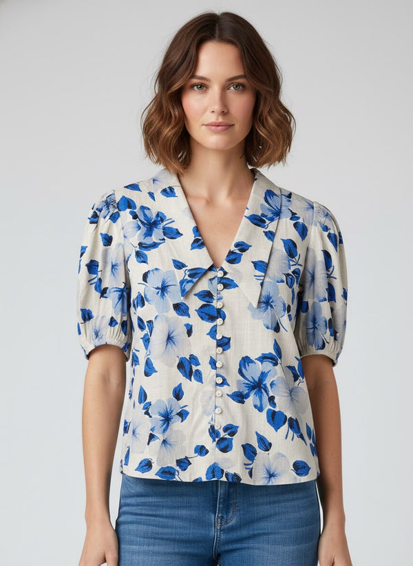 Taraya Blue Blossom Vintage Collar Top