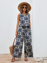Royal Blue Motif Crop Top & Pant Set