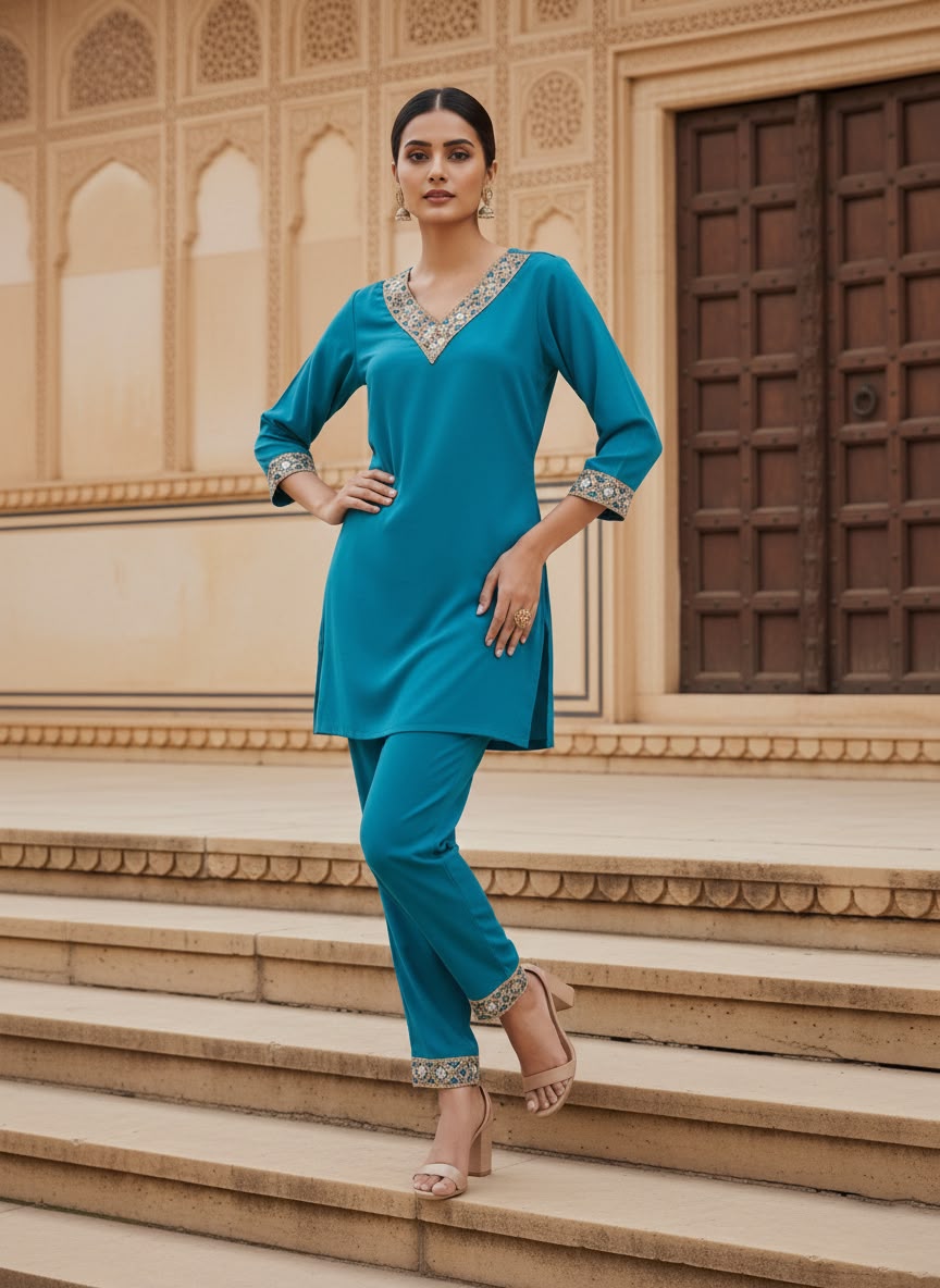 Royal Teal Mirror Work Co-rd Set