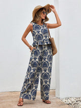 Royal Blue Motif Crop Top & Pant Set