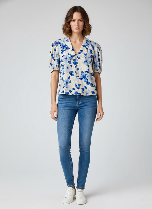 Taraya Blue Blossom Vintage Collar Top