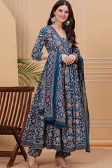 Taraya Deep Blue Floral Anarkali Suit Set