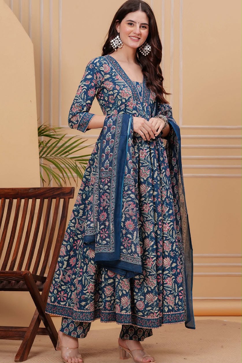 Taraya Deep Blue Floral Anarkali Suit Set