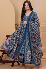 Taraya Deep Blue Floral Anarkali Suit Set