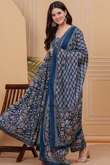 Taraya Deep Blue Floral Anarkali Suit Set