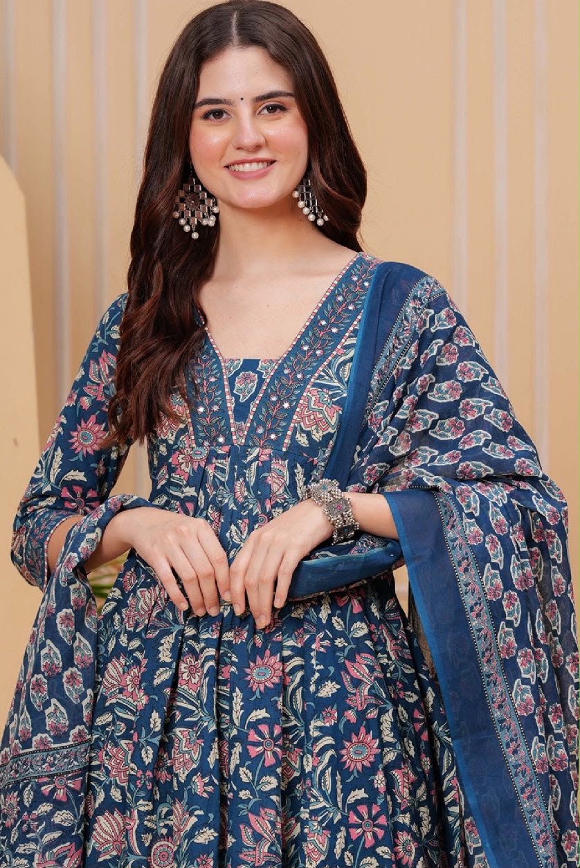 Taraya Deep Blue Floral Anarkali Suit Set