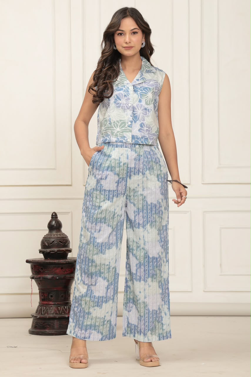 Blue Water Color Crop Top & Palazzo Set