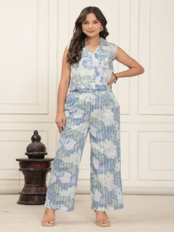 Blue Water Color Crop Top & Palazzo Set